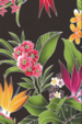 10waina stylized, brightly-colored bird of paradise, monstera, palm fronds and leaves apparel cotton, tropical Hawaiian vintage style fabric.