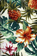 30halekea Barkcloth Hawaii - tropical vintage style, Hawaiian botanical flower fabric. 30halekea - Tropical vintage plumeria, hibiscus, orchid, anthurium floral fabrics, cream apparel fabric.