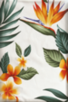 Brightly colored bird of paradise, plumeria (frangipani), palm fronds and leaves..