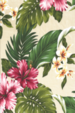 Realistic tropical design, including monstera leaves, banana leaves, hibiscus, orchid, and plumeria flowers.
