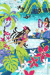 80Hana Ma'i - Vintage Style Hawaiian Large scale, whimsical hula dancers, palm trees, flowers, and monstera ferns, on a cotton poplin apparel fabric
