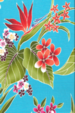 80waina stylized, brightly-colored bird of paradise, monstera, palm fronds and leaves apparel cotton, tropical Hawaiian vintage style fabric.