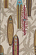 90surfsup surfboards, and palm trees on a beige taupe light brown reversible apparel cotton, Hawaiian vintage style fabric.