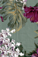 Floral Garden Sage Tropical Orchids on cotton bark crepe textured bark cloth.