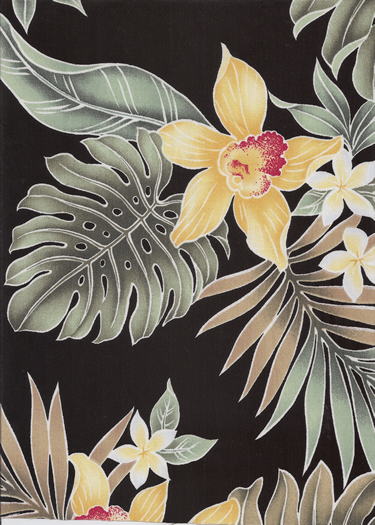 Chopped bamboo stalks & hibiscus flowers on a natural toned fabric