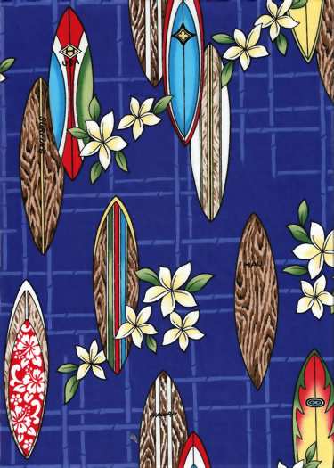 20huahina Tropical Hawaiian Vintage surfboards, plumeria flowers, on a plaid cotton apparel fabric.