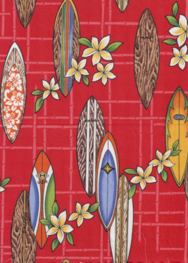 40huahina Tropical Hawaiian Vintage surfboards, plumeria flowers, on a plaid cotton apparel fabric.