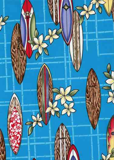 80huahina Tropical Hawaiian Vintage surfboards, plumeria flowers, on a plaid cotton apparel fabric.