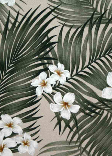 Plumeria Palm Tropical Hawaiian orchid & plumeria flowers, nubby upholstery fabric.