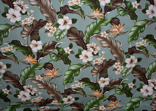 Kahua Sage Bark Crepe Upholstery fabric,Bird of Paradise, Hibiscus, Plumeria, Cotton Hawaiian vintage style fabric.