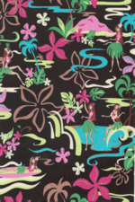 10olelo Abstract, Sixties hula girl, Plumeria flowers on cotton broadcloth apparel fabric