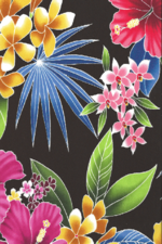 10ulana stylized, multi-colored hibiscus, plumeria, orchids and ferns apparel cotton, tropical Hawaiian vintage style fabric. apparel cotton, tropical Hawaiian vintage style fabric.