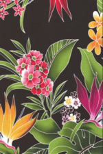 10waina stylized, brightly-colored bird of paradise, monstera, palm fronds and leaves apparel cotton, tropical Hawaiian vintage style fabric.