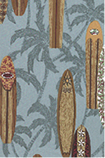 20surfsup surfboards, and palm trees on a slate blue reversible apparel cotton, Hawaiian vintage style fabric.
