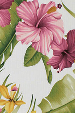 Hamakua White Tropical Hibiscus Ginger Orchids on cotton bark crepe textured bark cloth.