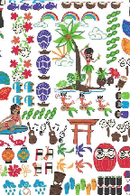 30nakeke Barkcloth Hawaii Fabrics - Vintage Style Hawaiian Fabrics Hula 
		Girls and other fun characters on cotton poplin apparel fabric.