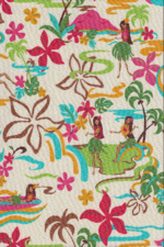 30olelo Abstract, Sixties hula girl, Plumeria flowers on cotton broadcloth apparel fabric