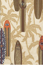 30surfsup surfboards, and palm trees on a natural reversible apparel cotton, Hawaiian vintage style fabric.