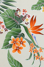 30waina  44/45 Wide, All-Over. Stylized, multi-colored hibiscus, plumeria, orchids and ferns.