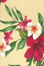 50'u hene Tropical Hawaiian heliconia, hibiscus and plumeria flowers on an apparel.