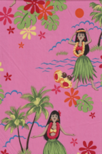 60pa 'a 'aina, Sixties hula girl, Plumeria flowers on cotton poplin apparel fabric