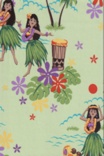 70pa 'a 'aina, Sixties hula girl, Plumeria flowers on cotton poplin apparel fabric