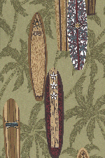 70surfsup surfboards, and palm trees on an olive green e apparel cotton, Hawaiian vintage style fabric.