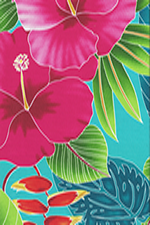 80ho' oni - Vintage Style Hawaiian Large scale, colorful hibiscus, heliconia, 
				and various tropical ferns and leaves, on a cotton poplin apparel fabric.