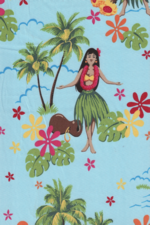 80pa 'a 'aina, Sixties hula girl, Plumeria flowers on cotton poplin apparel fabric