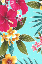 80ukuhi  44/45 Wide, All-Over. Stylized, multi-colored hibiscus, plumeria, orchids and ferns.