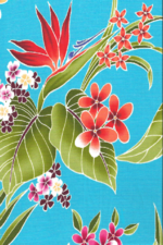 80waina stylized, brightly-colored bird of paradise, monstera, palm fronds and leaves apparel cotton, tropical Hawaiian vintage style fabric.