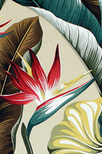 Bird Of Paradise - Vintage Style Tropical Hawaiian Fabrics For Sewing Home Decor, Furniture Upholstery. Tightly clustered bird of paradise, banana and taro leaves. Cotton Hawaiian vintage style fabric