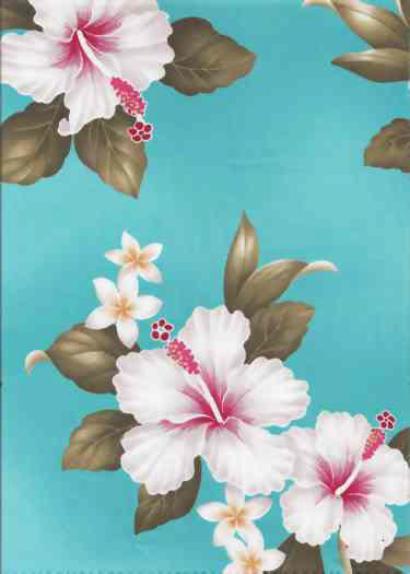 Tropical Hawaiian vintage hibiscus and plumeria flowers on an aqua apparel fabric