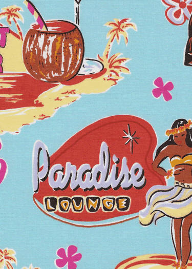 Hula Girls, cocktail glasses & palm trees, tikis on&nbsp;poplin&nbsp;apparel fabric
