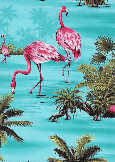 Flamingos and Palm Trees on&nbsp;a aqua&nbsp;broadcloth&nbsp;apparel fabric.