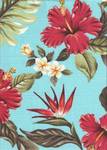 Hibiscus, bird of paradise and plumeria flowers on a aqua coton vintage type barkcloth fabric made for apparel and home decor projects such as curtains, bedding and tablewear