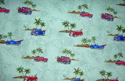 Aqua cotton Hawaiian fabric vintage trucks, surfboards and palm trees