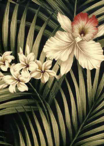Orchids and ferns on a bark crepe upholstery barkcloth