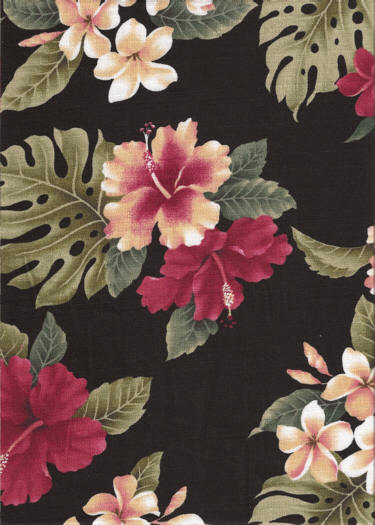 Hawaiian fabrics: A black background with white and red plumeria flowers, tropical leaves and red and white hibiscus flowers.  A vintage style pattern with a soft linen texture.