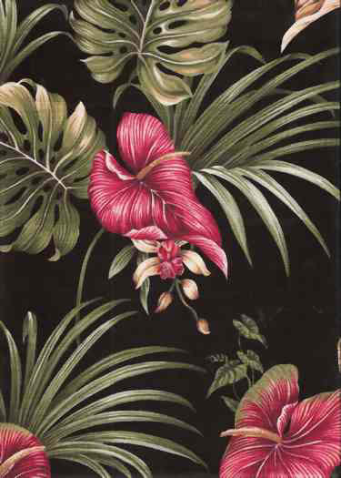 Anthurium Flowers on a non-upholstery black cotton bark cloth fabric