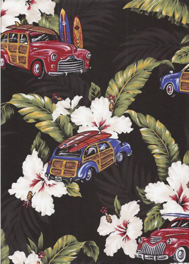 44" wide, 24" pattern repeat. Woody cars, surf trucks, surfboards