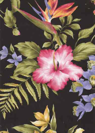 Hibiscus, bird of paradise & orchids on a black non-upholstery barkcloth fabric