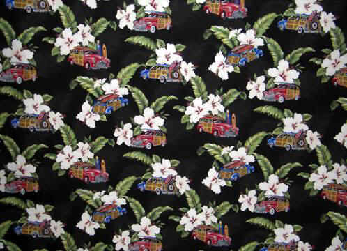 44" wide, 24" pattern repeat. Woody cars, surf trucks, surfboards