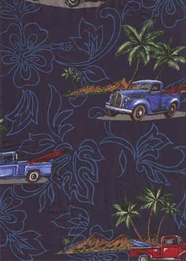 Navy cotton Hawaiian  fabric vintage pickup  trucks, surfboards and palm trees
