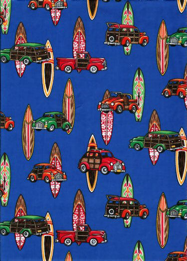 Woody, woodies, woody cars and surfboards tropical Hawaiian cotton fabric