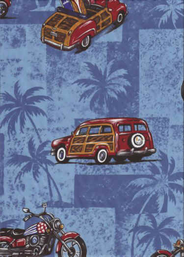Blue Hawaiian cotton apparel fabric with trucks , motorcycles and surf boards