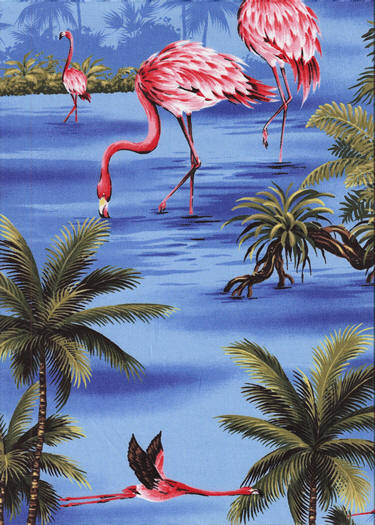 Flamingos and Palm Trees on a 44" wide blue fapparel fabric