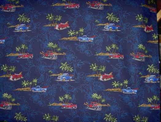 Navy cotton Hawaiian  fabric vintage pickup  trucks, surfboards and palm trees