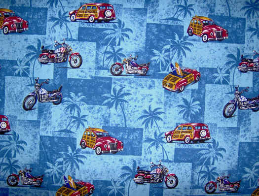 Blue Hawaiian cotton apparel fabric with trucks , motorcycles and surf boards