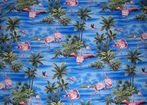 Flamingos and Palm Trees on a cotton apparel fabric